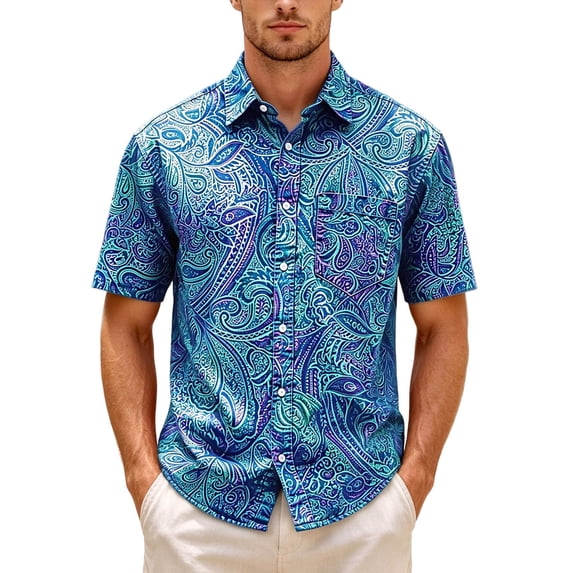 Men's Paisley Shirts Vintage Floral Button Down Shirt Casual Regular Fit Summer Shirt with Pockets Blue XXXXL