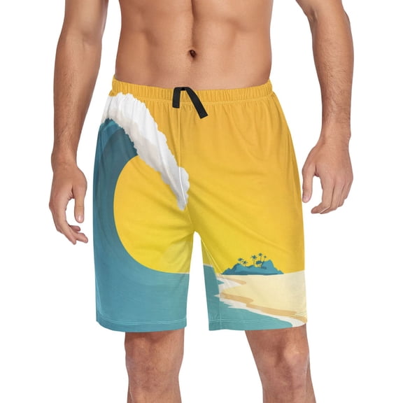 Men's Pajama Bottoms Athletic Shorts For Men Casual Cotton A Huge Ocean Waves and Sand