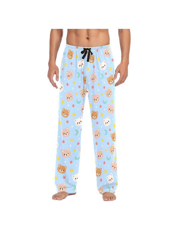 Men's Pajama Bottoms Bear Cotton Loose Printed Pants Casual Loungewear with Side Pockets