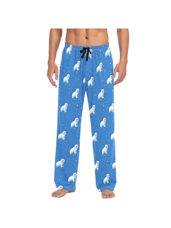 Men's Pajama Bottoms Bear White Cotton Loose Printed Pants Casual Loungewear with Side Pockets