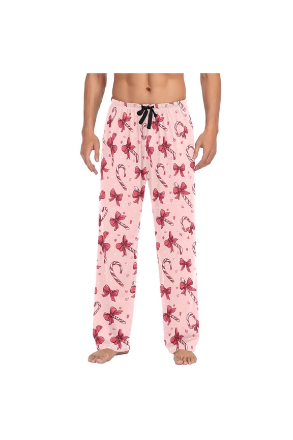 Men's Pajama Bottoms Christmas Candy Canes and Bows Men's Cotton Pajama Pants Men's Loose Printed Pajama Pants Casual Pants with Pockets