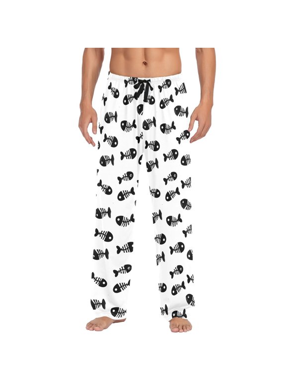 Men's Pajama Bottoms Fish Bone Cotton Loose Printed Pants Casual Loungewear with Side Pockets