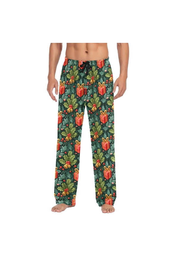 Men's Pajama Bottoms Holly Leaves Snowflakes and Candy Canes Men's Cotton Pajama Pants Men's Loose Printed Pajama Pants Casual Pants with Pockets