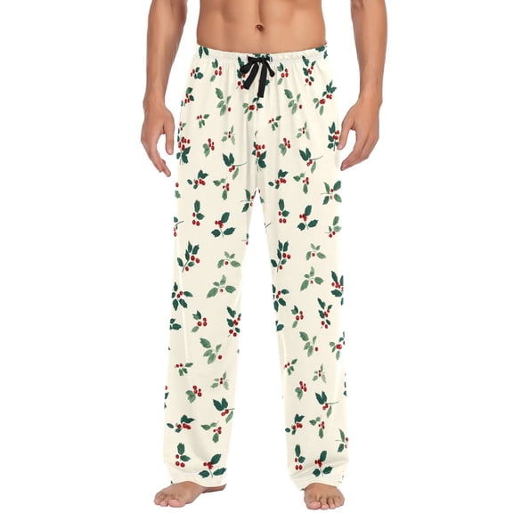 Men's Pajama Bottoms Holly Leaves and Berries Men's Cotton Pajama Pants Men's Loose Printed Pajama Pants Casual Pants with Pockets