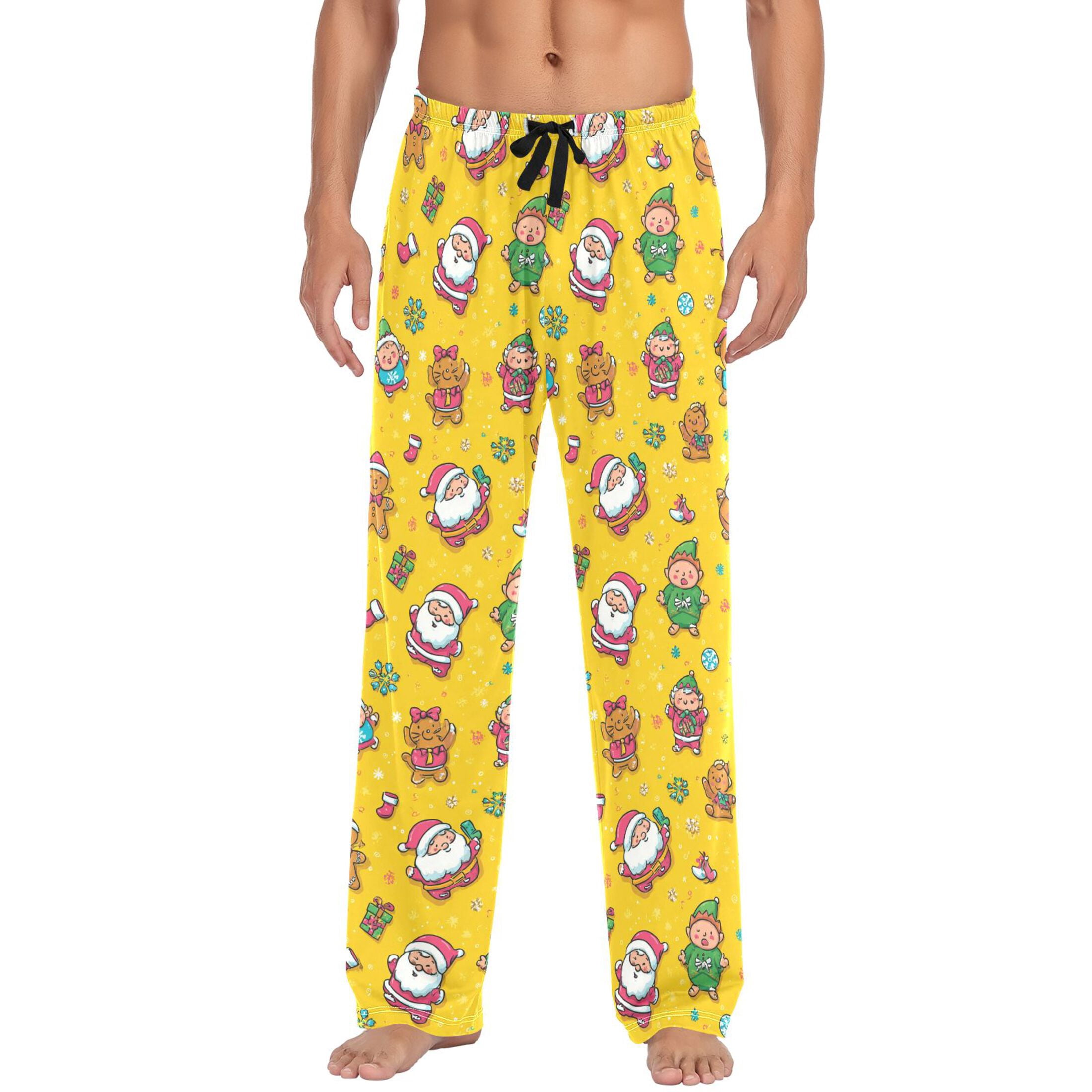 Men's Pajama Bottoms Santa Claus Elves and Gingerbread Men Men's Cotton Pajama Pants Men's Loose Printed Pajama Pants Casual Pants with Pockets