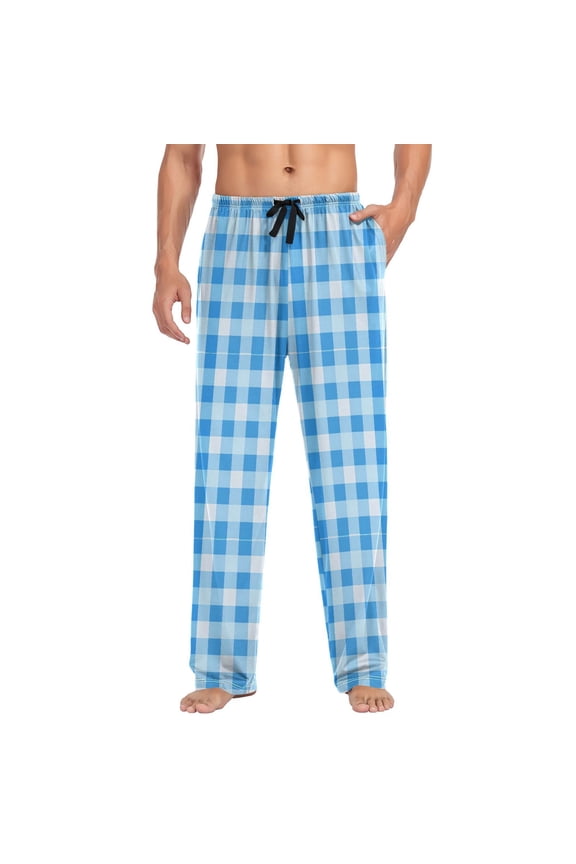 Men's Pajama Pants Blue Geometric Checkered Grid Pattern Soft Long Sleep Lounge Pants