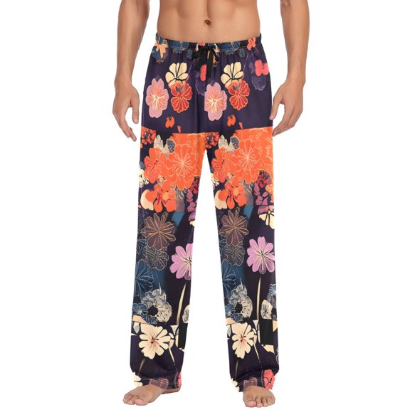 Men's Pajama Pants Bohemia Flower on Checkered Grid Cotton Long Sleepwear Lounge Pants M