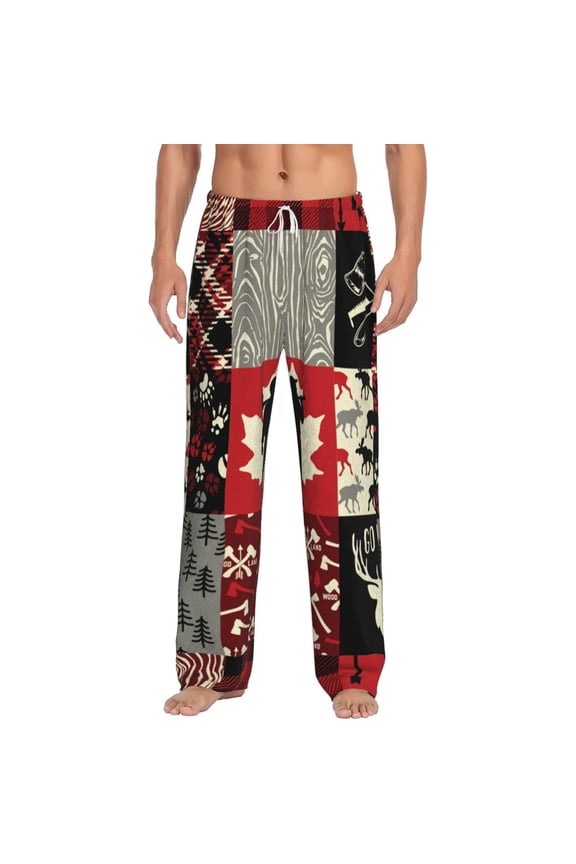 Men's Pajama Pants Comfy Flannel Sleep Lounge Bottoms, Wildlife Wood Plaid And Lumberjack Symbols