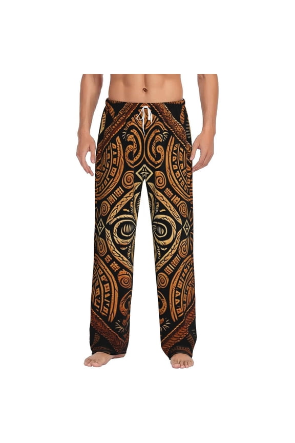Men's Pajama Pants Comfy Sleep Lounge Bottoms Pockets, Hawaiian Style Tapa Cloth Tribal Art