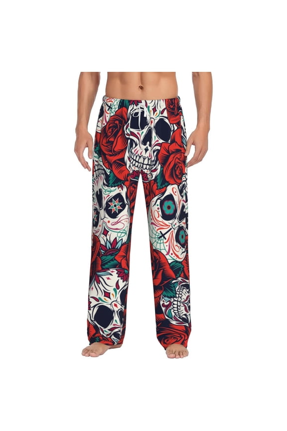 Men's Pajama Pants Comfy Sleep Lounge Bottoms Pockets, Red Rose Skull Skulls Head
