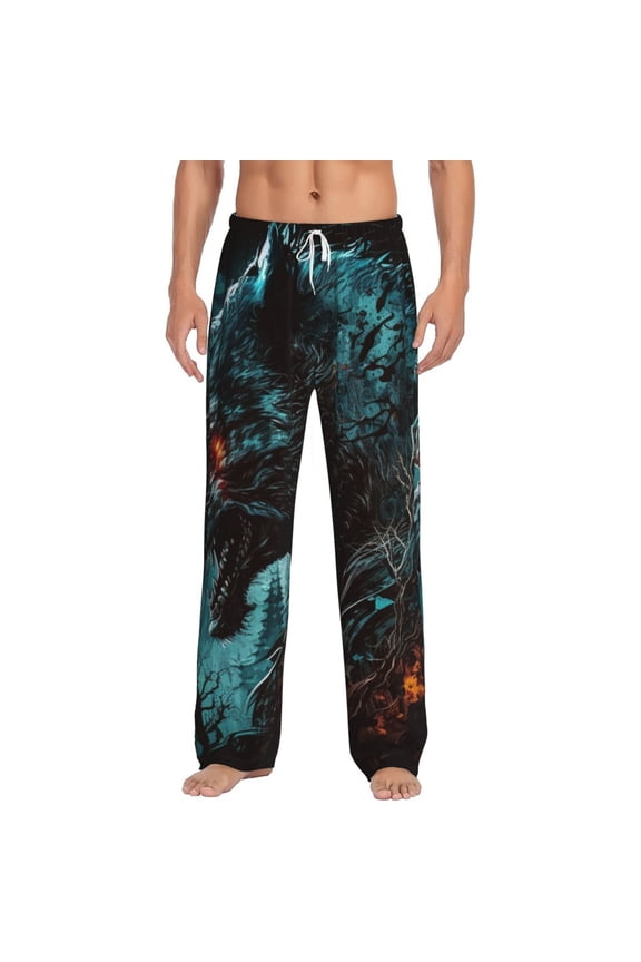 Men's Pajama Pants Comfy Sleep Lounge Bottoms Pockets, Werewolf Howling Night Cool Wolf