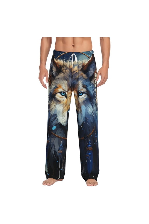 Men's Pajama Pants Comfy Sleep Lounge Bottoms Pockets, Wolf Indian Dream Starry