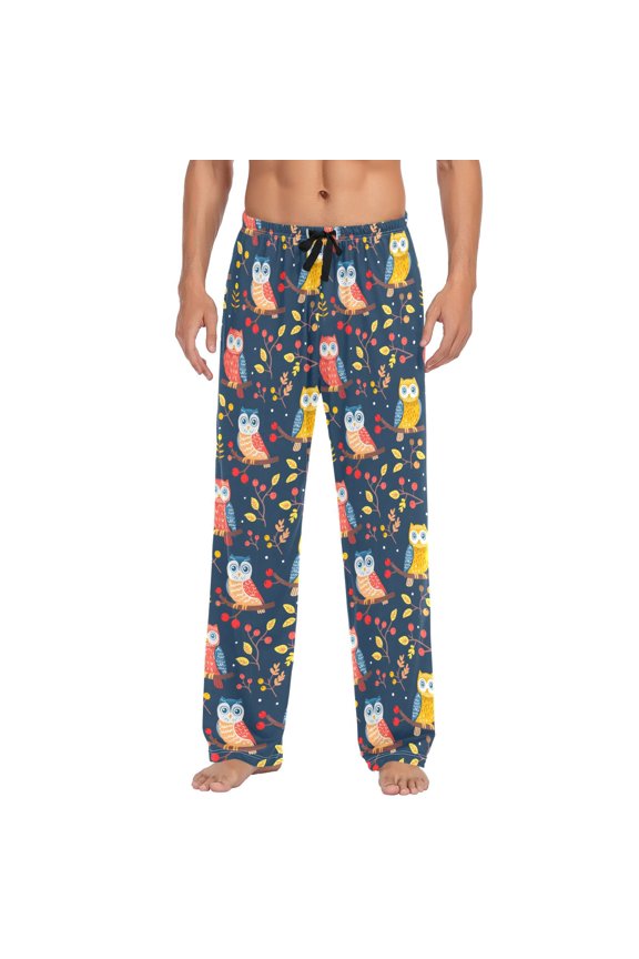Men's Pajama Pants Cute Owls on Branch Cotton Long Sleepwear Lounge Pants M