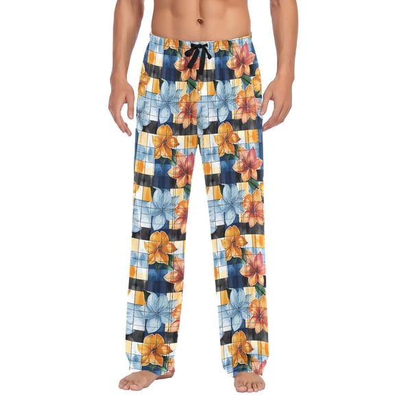 Men's Pajama Pants Flower on Checkered Grid Pattern Cotton Long Sleepwear Lounge Pants XL