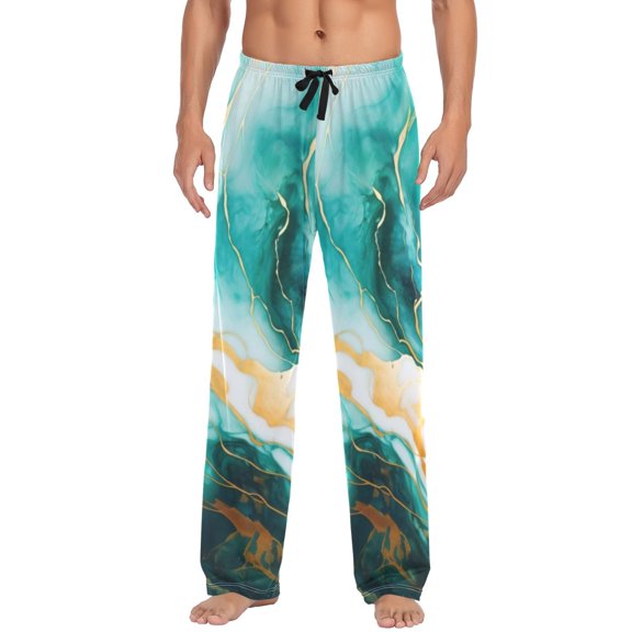 Men's Pajama Pants Green and Gold Marble Cotton Long Sleepwear Lounge Pants M