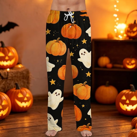 Men's Pajama Pants Halloween Vintage Pumpkin Pj Pants Funny Spooky Print Casual Lounge Bottoms Drawstring Sleepwear with Pockets