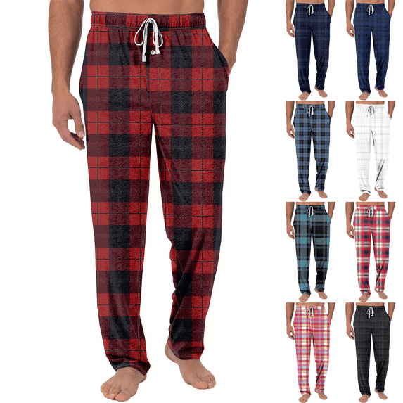 Men's Pajama Pants Jersey Knit Lounge Pants Sleepwear Bottoms Plaid with Pockets Sleep Pants