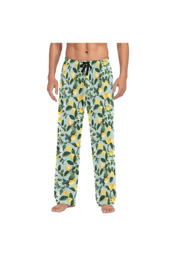 Men's Pajama Pants Lemon Floral and Leaves Cotton Long Sleepwear Lounge Pants M