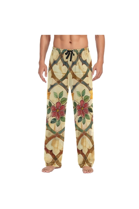Men's Pajama Pants Moroccan Trellis Flowers Cotton Long Sleepwear Lounge Pants L