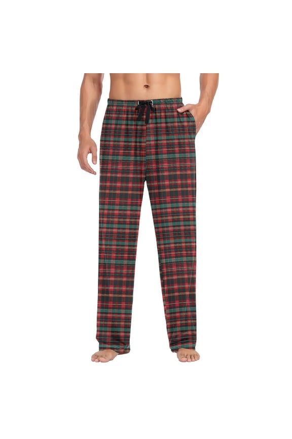 Men's Pajama Pants Red and Green Check Grid Soft Long Sleep Lounge Pants S