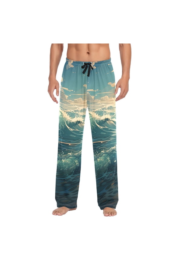 Men's Pajama Pants Sea in Sunset Blue Cotton Long Sleepwear Lounge Pants M