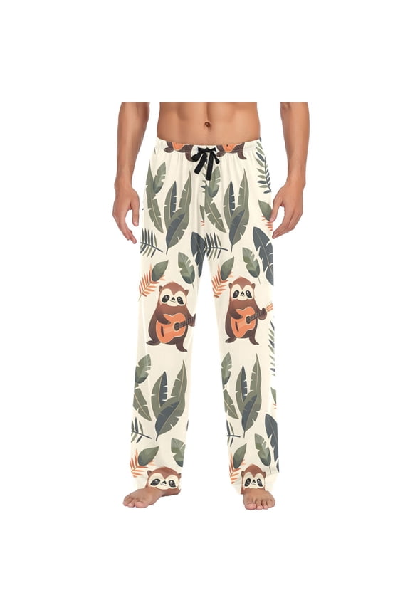 Men's Pajama Pants Sloth Play Guitar Palm Leaf Cotton Long Sleepwear Lounge Pants M