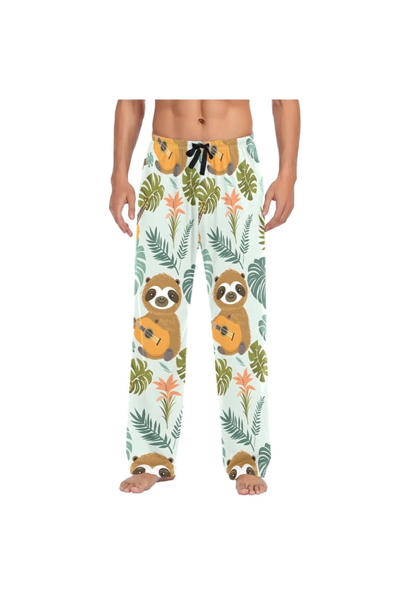 Men's Pajama Pants Sloth Playing Guitar and Leaves Cotton Long Sleepwear Lounge Pants S