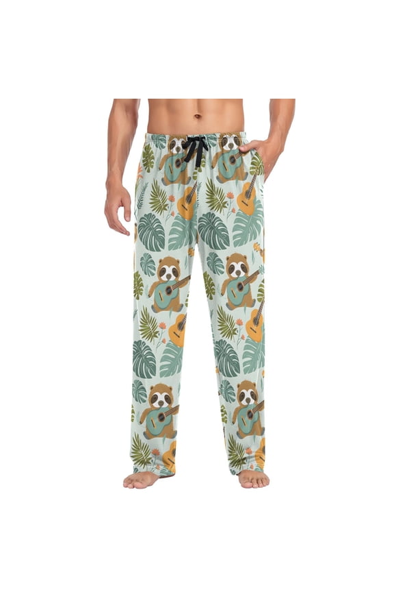 Men's Pajama Pants Sloth Playing Guitar and Leaves Soft Long Sleep Lounge Pants
