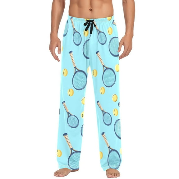 Men's Pajama Pants Tennis Racket Ball on Blue Cotton Long Sleepwear Lounge Pants L