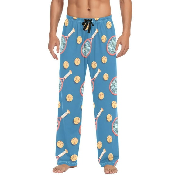 Men's Pajama Pants Tennis Racket Balls on Blue Cotton Long Sleepwear Lounge Pants L