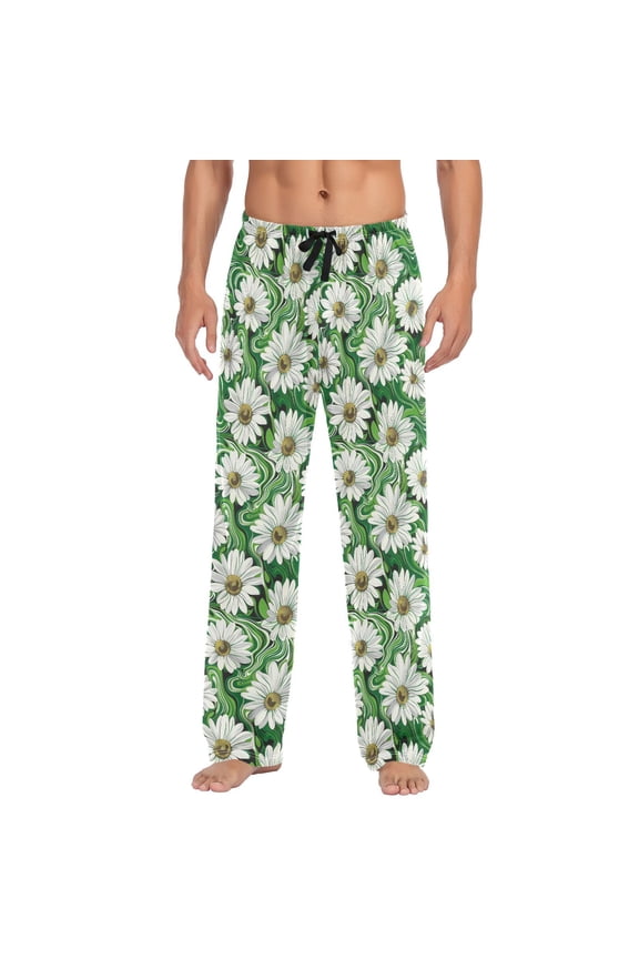 Men's Pajama Pants White Daisy in Green Liquid Cotton Long Sleepwear Lounge Pants L