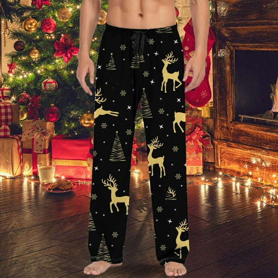 Men's Pajama Pants with Pockets Christmas Printed Mid Waisted Casual Pants Pajamas with Drawstring and Palazzo Pants Lounge Bottoms Soft Sleepwear