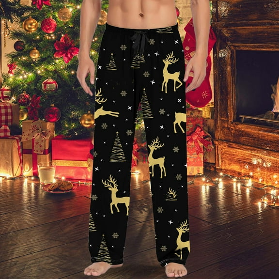 Men's Pajama Pants with Pockets Christmas Printed Mid Waisted Casual Pants Pajamas with Drawstring and Palazzo Pants Lounge Bottoms Soft Sleepwear