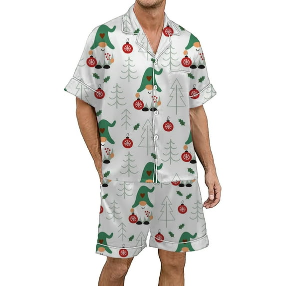 Men's Pajama Set Christmas Multicolored Printed Silk Satin Short Sleeved Button Up Loungewear for Relaxation and Sleep Comfort