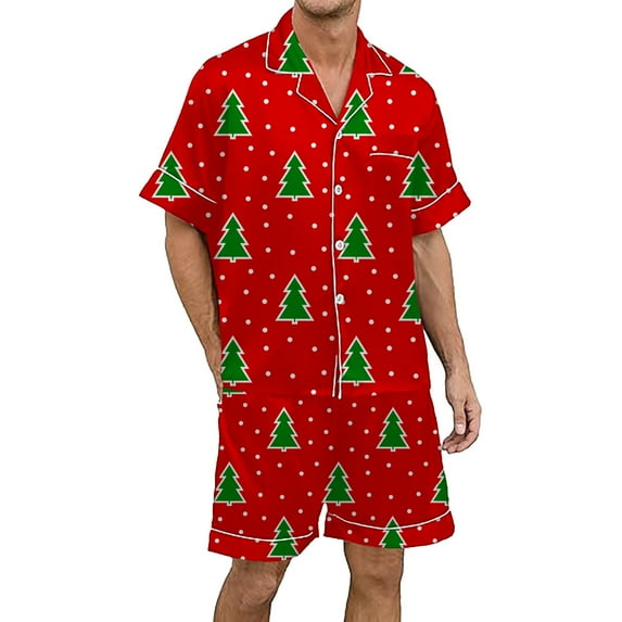Men's Pajama Set Christmas Multicolored Printed Silk Satin Short Sleeved Button Up Loungewear for Relaxation and Sleep Comfort