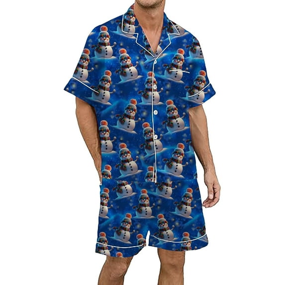 Men's Pajama Set Christmas Multicolored Printed Silk Satin Short Sleeved Button Up Loungewear for Relaxation and Sleep Comfort