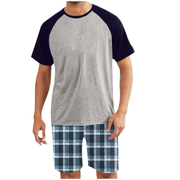 Men's Pajama Set Crewneck Colorblock Raglan T-Shirt and Plaid Shorts Soft Comfy Sleep Sets