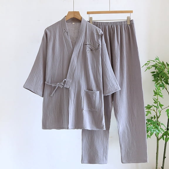 Men's Pajama Set Men's Summer Casual Solid Color Pocket Long Sleeved Long Pants Home Two-piece Set Pajamas Men Lounge Set Sleep Sets for Men Pyjamas Set for Men Mens Sleepwear