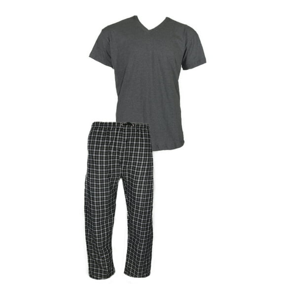 Men's Pajama Set Plaid Super Soft 2pcs Short Sleeve Top & Bottom Cozy Lounge Set, Black Check Grey, S