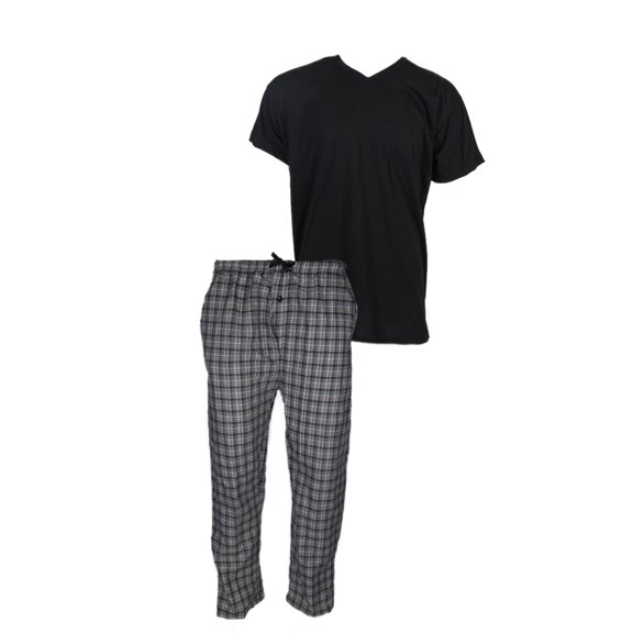 Men's Pajama Set Plaid Super Soft 2pcs Short Sleeve Top & Bottom Cozy Lounge Set, Grey Check Black, S
