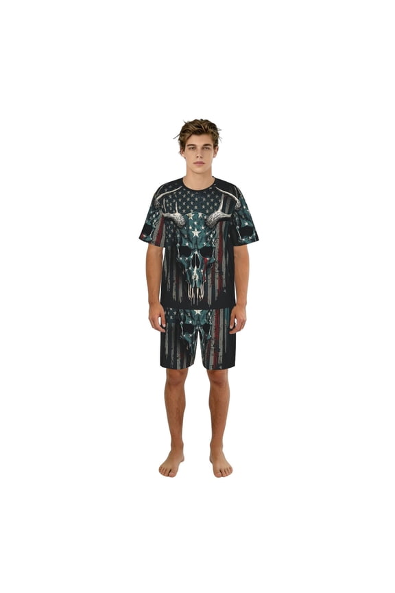 Men's Pajama Set Short Sleeve 2-Piece PJs Loungewear Sleepwear Top Shorts, American Flag Camouflage Deer Skull Camo