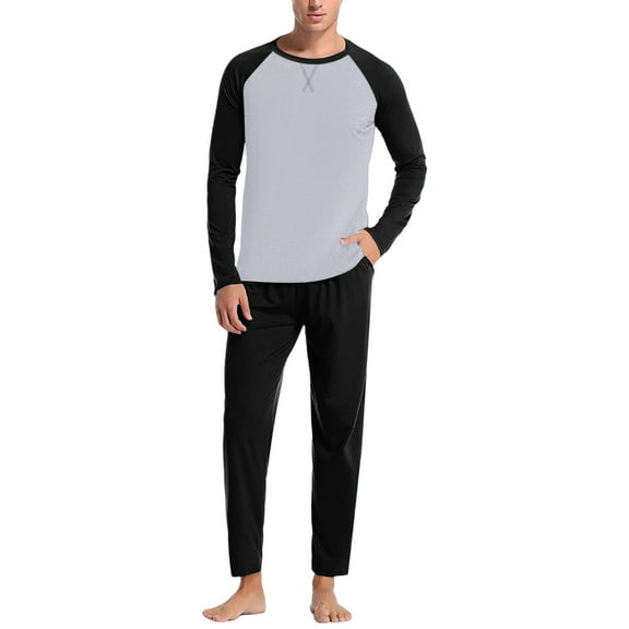 Men's Pajama Sets 2 Piece Color Block Long Sleeve Crew Neck Shirt and Solid Color Pants Soft Home Wear Classic Fit Lounge Wear