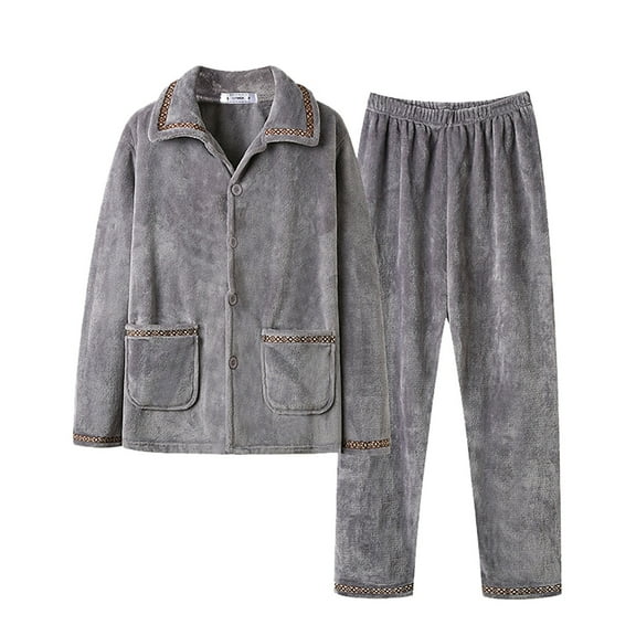 Men's Pajama Sets 2 Piece Plush Warm Long Sleeve Lapel Button Up Thickened Sleepwear and Pajamas Pants Classic Fit Loungewear
