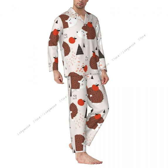 Men's Pajama Sets Cute Hedgehogs Illustration Sleepwear Long Sleeve Leisure Outwear Autumn Winter Loungewear