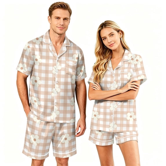 Men's Pajama Sets Matching Pajamas for Couples Button Up Pajamas for Women Mens Pajamas Set Shorts Matching Pajamas for Couples 2 Piece Lounge Set Button Down Pajama Matching Tops Shorts Soft, L