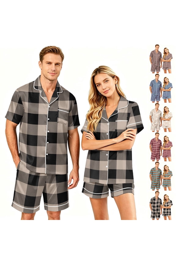 Men's Pajama Sets Matching Pajamas for Couples Button Up Pajamas for Women Mens Pajamas Set Shorts Matching Pajamas for Couples 2 Piece Lounge Set Button Down Pajama Matching Tops Shorts Soft, L