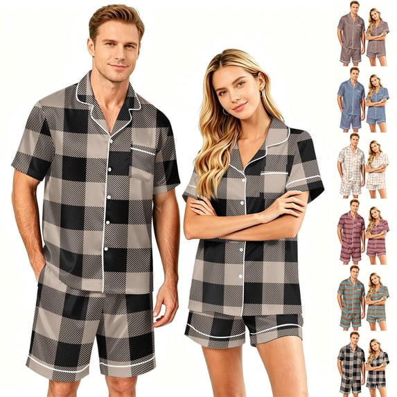 Men's Pajama Sets Matching Pajamas for Couples Button Up Pajamas for Women Mens Pajamas Set Shorts Matching Pajamas for Couples 2 Piece Lounge Set Button Down Pajama Matching Tops Shorts Soft, L