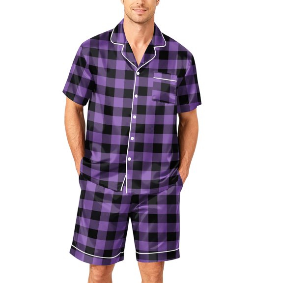 Men's Pajama Sets Mens Pajamas Set Shorts Button Up Pajamas Pjs for Men Matching Pj Set Mens Pajamas Set Shorts Plaid Print Soft Comfy Short Sleeve Lounge Sleep Sleepwear Pj Set, Black, L