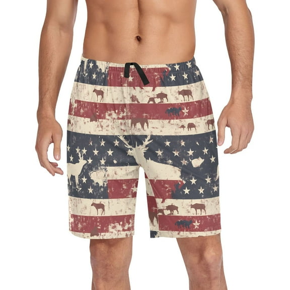 Men's Pajama Shorts Bottoms with Pockets Soft Lightweight Lounge Sleep Wear American Flag and Animals