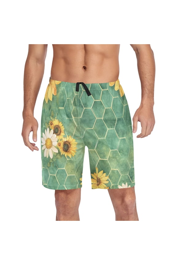 Men's Pajama Shorts Bottoms with Pockets Soft Lightweight Lounge Sleep Wear Bee Beehive Sunflower